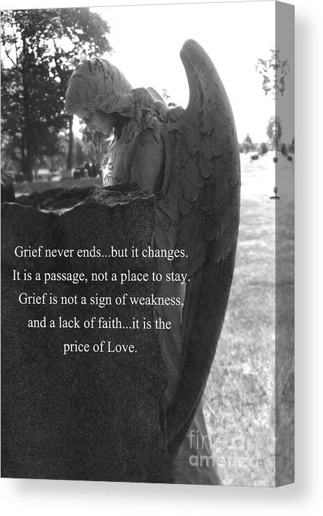 Angel Canvas Print featuring the photograph Angel At Grave - Mourning Angel, Sad Angel Art, Grieving Cemetery Angel Decor - The Price of Love by Kathy Fornal