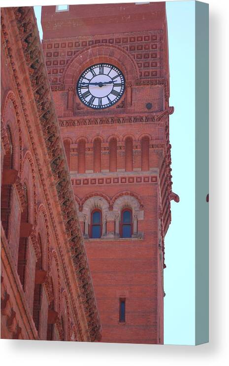 Dearborn Station Canvas Print featuring the photograph Angled View of Clocktower at Dearborn Station Chicago by Colleen Cornelius