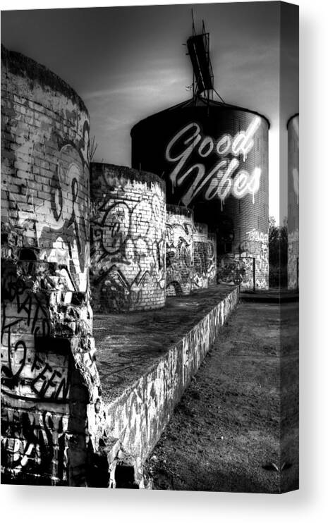 Asheville River Arts District Canvas Print featuring the photograph Asheville River Art Graffiti Black and White by Carol Montoya