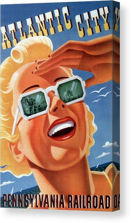 Atlantic City Canvas Print featuring the mixed media Atlantic City - Pennsylvania Railroad - Girl with Sunglasses - Retro travel Poster - Vintage Poster by Studio Grafiikka