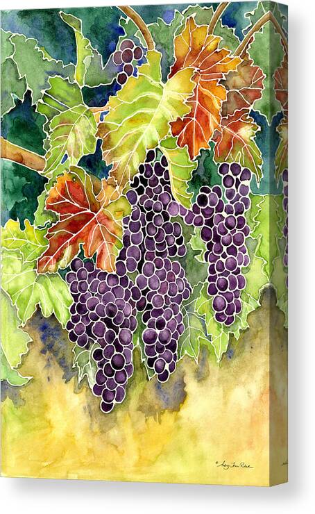 Cabernet Sauvignon Grapes Canvas Print featuring the painting Autumn Vineyard in its Glory - Batik Style by Audrey Jeanne Roberts
