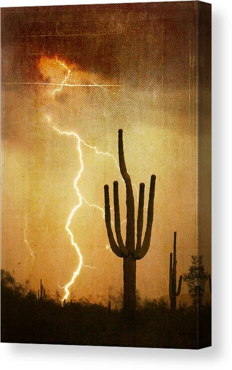 Arizona Canvas Print featuring the photograph AZ Saguaro Lightning Storm V by James BO Insogna