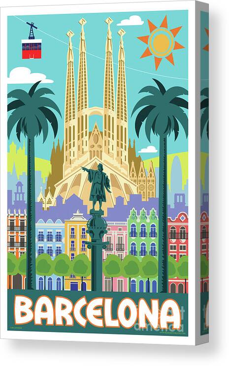 Pop Art Canvas Print featuring the digital art Barcelona Poster - Retro Travel by Jim Zahniser