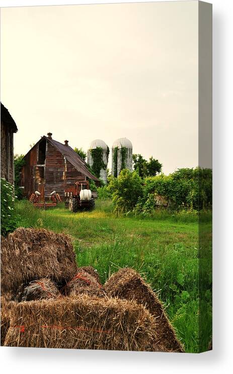 Barn Canvas Print featuring the digital art Barn with Silos and Hay by Robert Habermehl