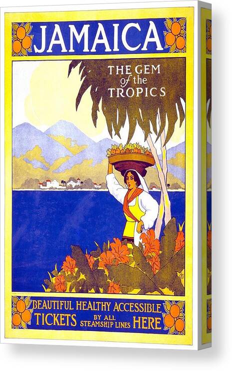 Jamaica Canvas Print featuring the painting Beautiful Jamaican Landscape Illustration - Vintage Travel Poster - Gem of the Tropics by Studio Grafiikka