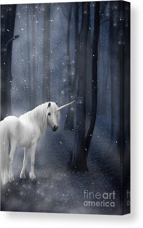 Unicorn Canvas Print featuring the photograph Beautiful Unicorn In Snowy Forest by Ethiriel Photography