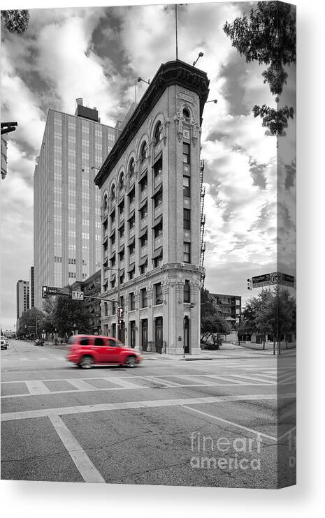 Downtown Canvas Print featuring the photograph Black and White Photograph of the Flatiron Building in Downtown Fort Worth - Texas by Silvio Ligutti