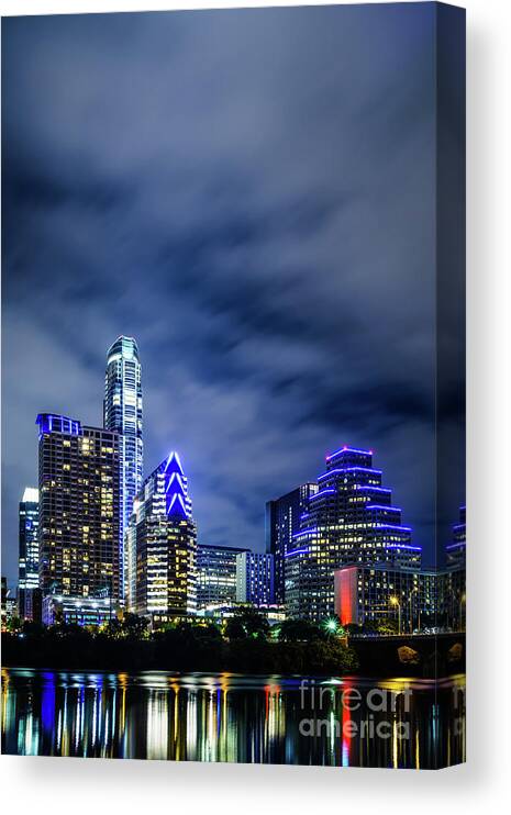 2016 Canvas Print featuring the photograph Blue Austin Skyline at Night by Paul Velgos