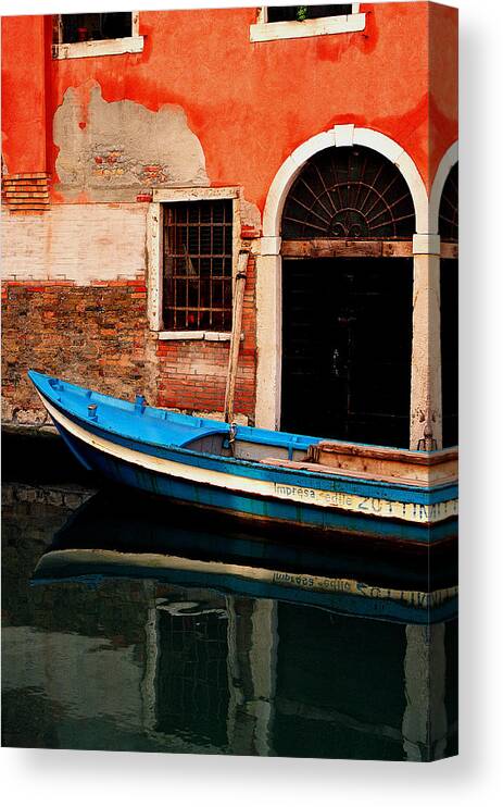 Water Canvas Print featuring the photograph Blue Boat Venice Italy by Xavier Cardell