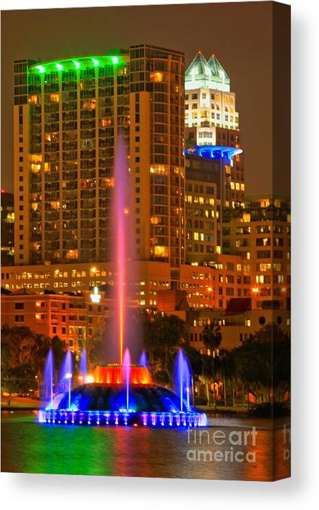 Lake Eola Canvas Print featuring the photograph Blue Lake Eola Fountain by Adam Jewell