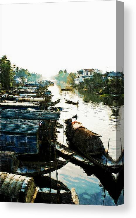 Asia Canvas Print featuring the digital art Boathouses in Vietnam by Cameron Wood