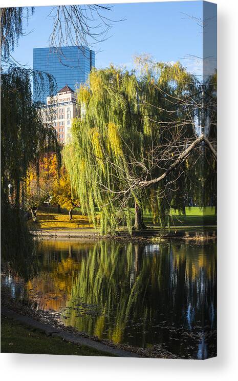 Boston Canvas Print featuring the photograph Boston Public Garden Autumn Hancock Skyline by Toby McGuire