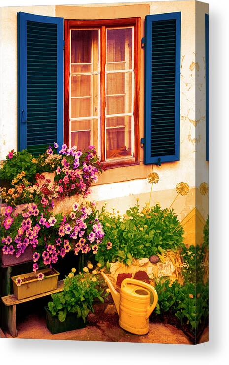 Austria Canvas Print featuring the photograph Bright Blue Shutters in the Garden by Debra and Dave Vanderlaan
