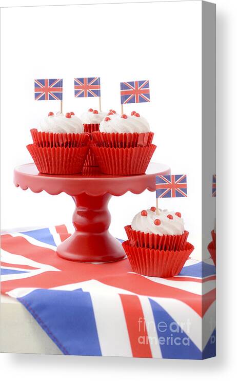 Afternoon Tea Canvas Print featuring the photograph British Cupcakes with Union Jack Flags by Milleflore Images