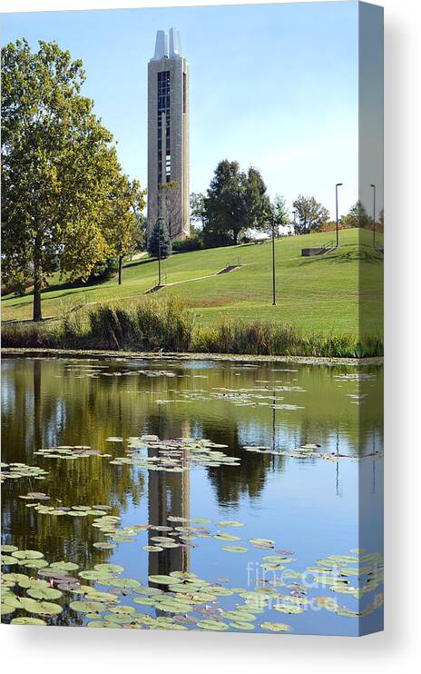 Kansas Canvas Print featuring the photograph Campanile Reflection in Kansas by Catherine Sherman