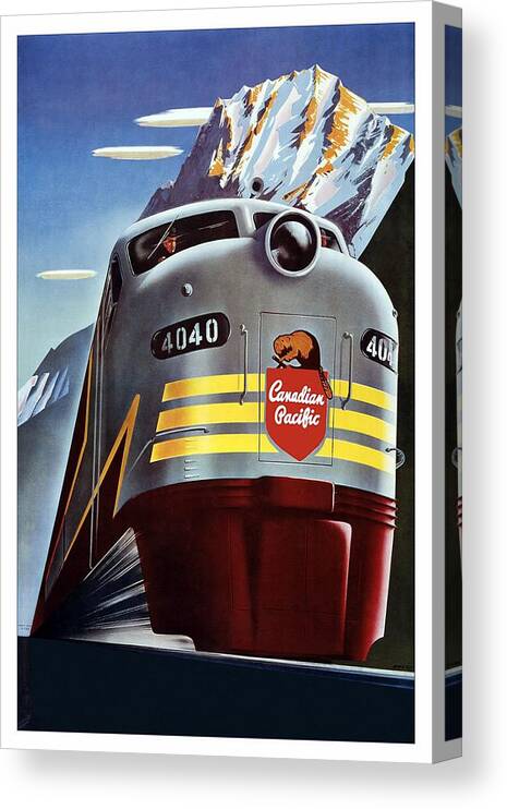 Canadian Pacific Canvas Print featuring the mixed media Canadian Pacific - Railroad Engine, Mountains - Retro travel Poster - Vintage Poster by Studio Grafiikka