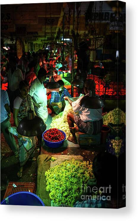 India Canvas Print featuring the photograph Chennai Flower Market Stalls by Mike Reid