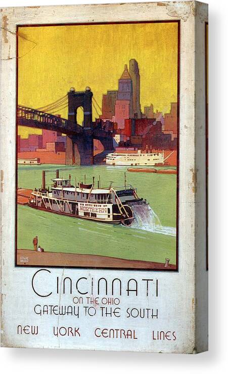 Cincinnati Canvas Print featuring the mixed media Cincinnati On the Ohio Gateway to the South - New York Central Lines - Retro travel Poster by Studio Grafiikka