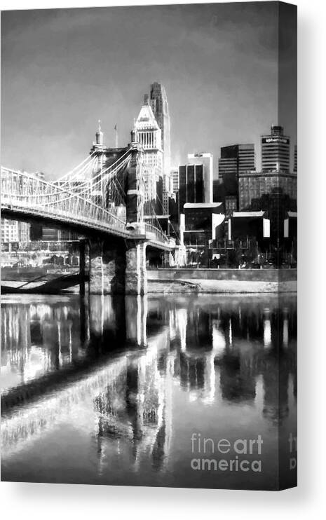 Scenes From Far And Near Canvas Print featuring the photograph Cincinnati Skyline Reflections BW by Mel Steinhauer
