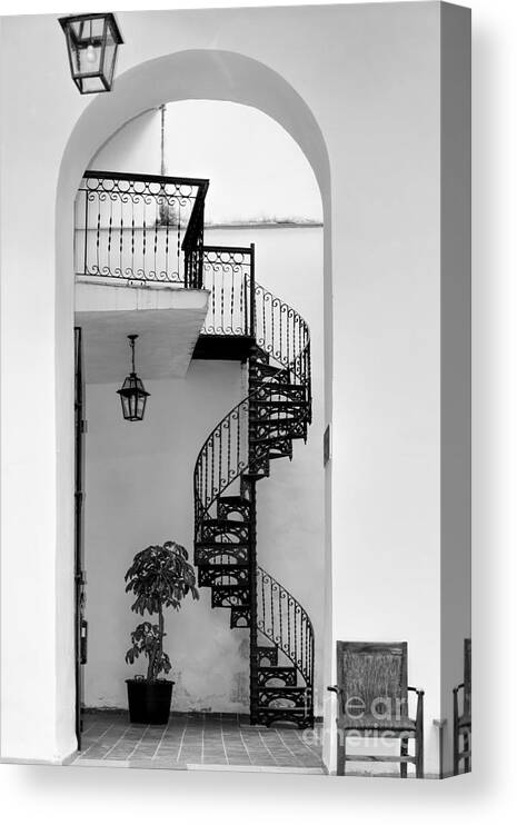 Circular Canvas Print featuring the photograph Circular staircase in black and white by Les Palenik