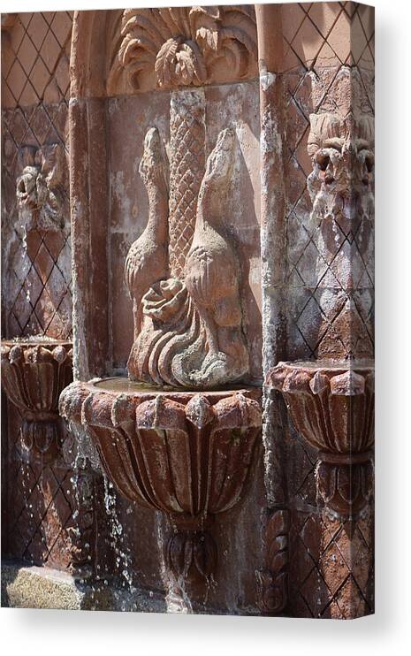 Terracotta Canvas Print featuring the photograph Closeup of Terracotta Water Fountain In Full Color La Quinta Art District Photograph by Colleen Cornelius