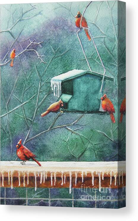 Nancy Charbeneau Canvas Print featuring the painting Cold Cardinals by Nancy Charbeneau