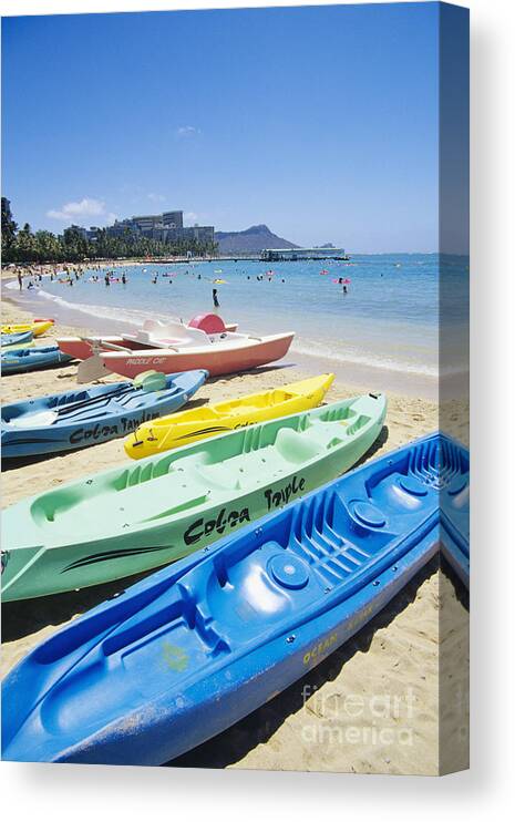 Active Canvas Print featuring the photograph Colorful Kayaks on the Beach by Bill Brennan - Printscapes