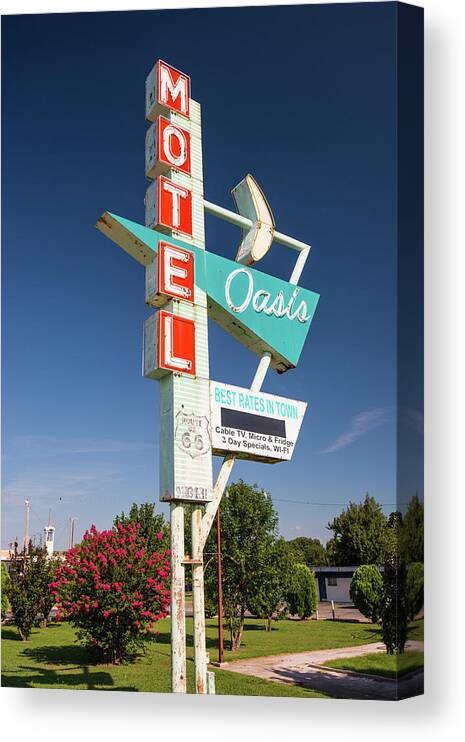 America Canvas Print featuring the photograph Colorful Oasis Motel Route 66 Sign - Tulsa Oklahoma by Gregory Ballos