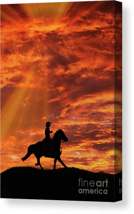 Cowboy Canvas Print featuring the photograph Country Western Riding Cowboy and Sunset by Stephanie Laird