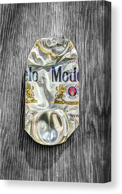 Beer Can Canvas Print featuring the photograph Crushed Beer Can Especial on BW Plywood 82 by YoPedro