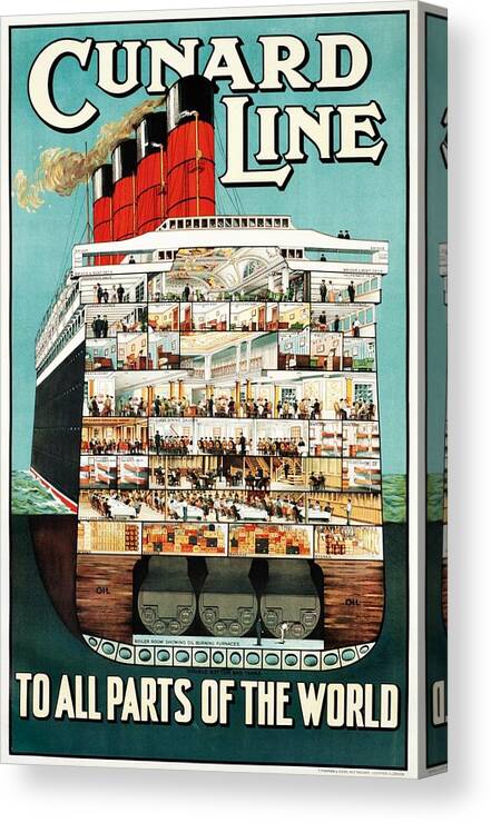 Cunard Line Canvas Print featuring the painting Cunard Line to All parts of the world - Cruise Liner Ship, Steamer Ship - Vintage Travel Poster by Studio Grafiikka