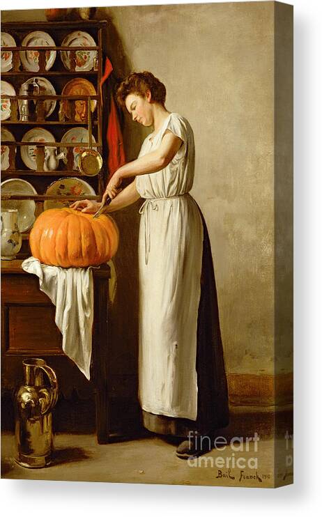 Interior; Female; Maid; Apron; Dresser; China; Copper Jug; Knife; Domestic; Food Preparation Canvas Print featuring the painting Cutting the Pumpkin by Franck-Antoine Bail