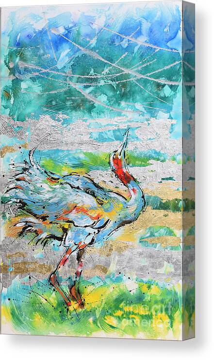 Sarus Cranes In Mating Dance. Birds Canvas Print featuring the painting Dancing Crane 1 by Jyotika Shroff