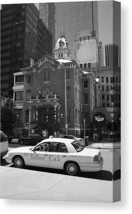 America Canvas Print featuring the photograph Denver Downtown with Yellow Cab BW by Frank Romeo