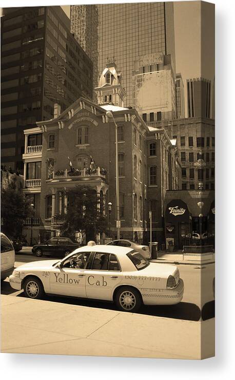 America Canvas Print featuring the photograph Denver Downtown with Yellow Cab Sepia by Frank Romeo