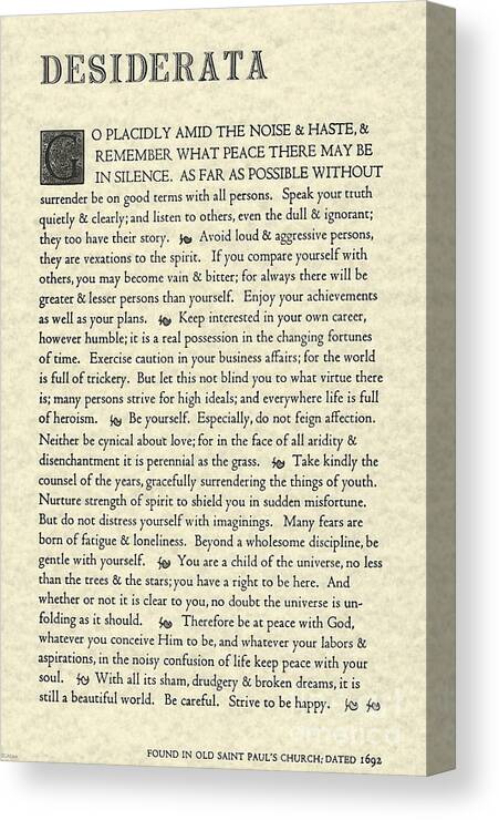 Desiderata Canvas Print featuring the drawing Desiderata Poem on Parchment by Desiderata Gallery