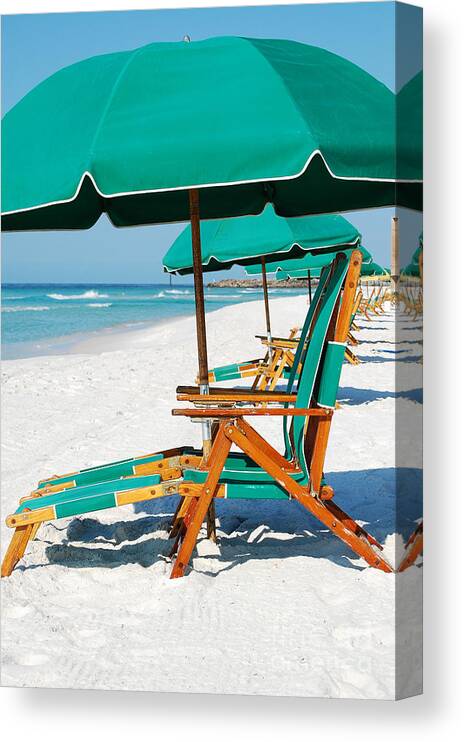 Destin Canvas Print featuring the photograph Destin Florida Beach Chairs and Green Umbrella Vertical by Shawn O'Brien