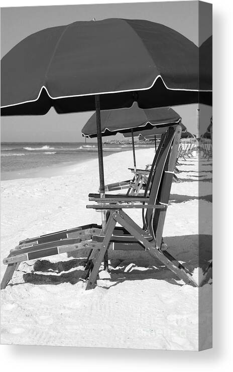 Destin Canvas Print featuring the photograph Destin Florida Beach Chairs and Umbrella Vertical Black and White by Shawn O'Brien