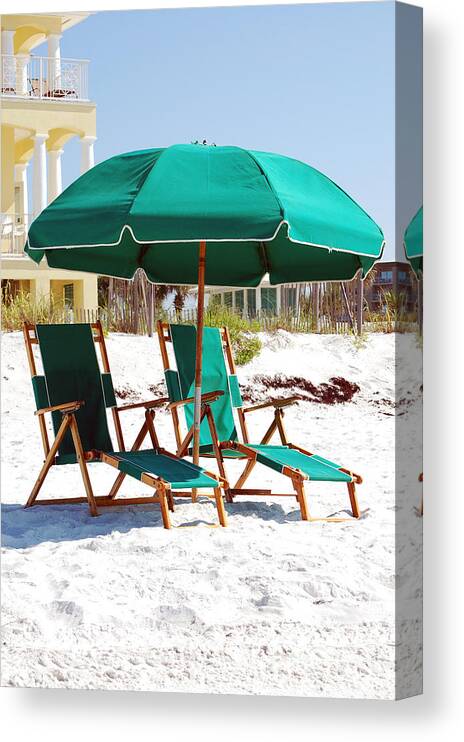 Destin Canvas Print featuring the photograph Destin Florida Empty Beach Chair Pair and Green Umbrella Vertical by Shawn O'Brien