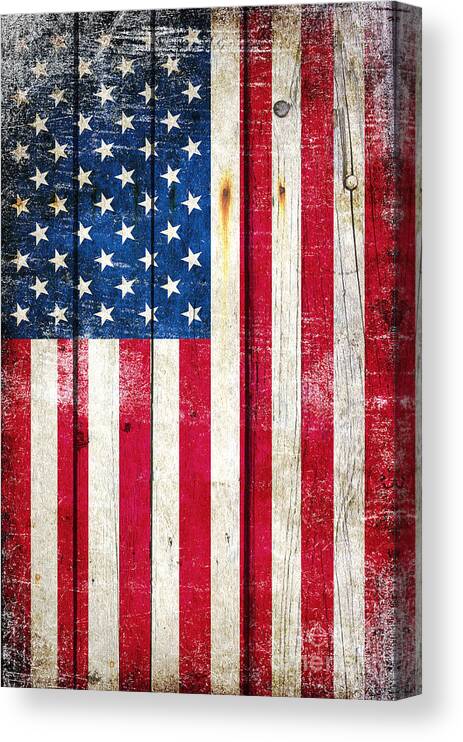 American Canvas Print featuring the digital art Distressed American Flag On Wood - Vertical by M L C