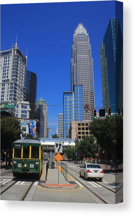Charlotte Canvas Print featuring the photograph Downtown Charlotte Trolley 1 by Joseph C Hinson