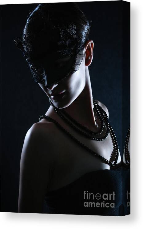 Fashion Canvas Print featuring the photograph Elegant Beautiful Girl in black mask Masquerade by Dimitar Hristov
