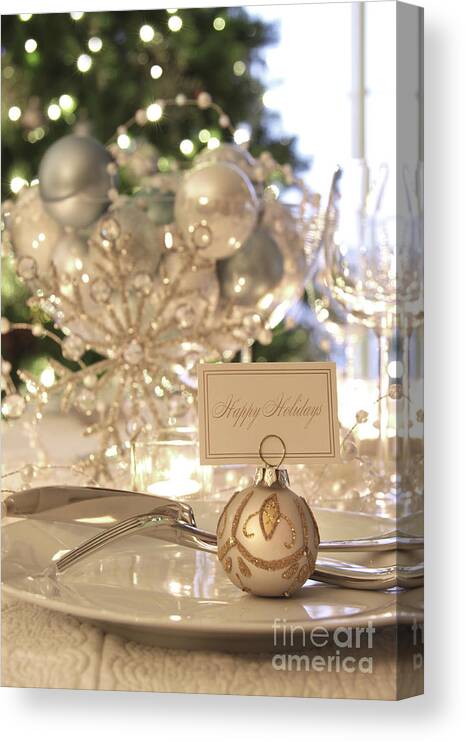 Candle Canvas Print featuring the photograph Elegant holiday dinner table with focus on place card by Sandra Cunningham