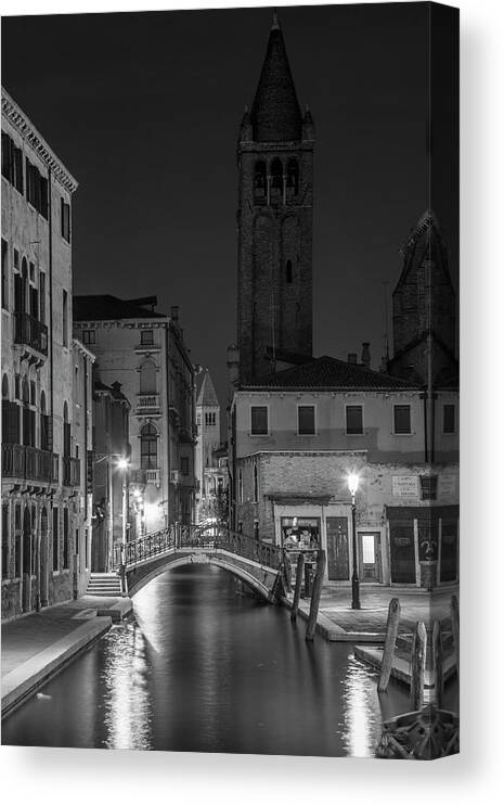 B&w Canvas Print featuring the photograph Evening Canal in Venice to the tower by John McGraw