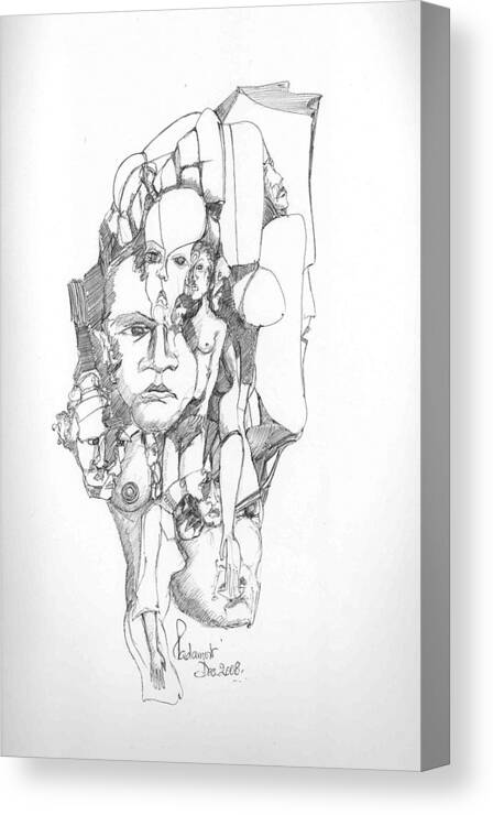 Faces Canvas Print featuring the drawing Faces in stone by Padamvir Singh