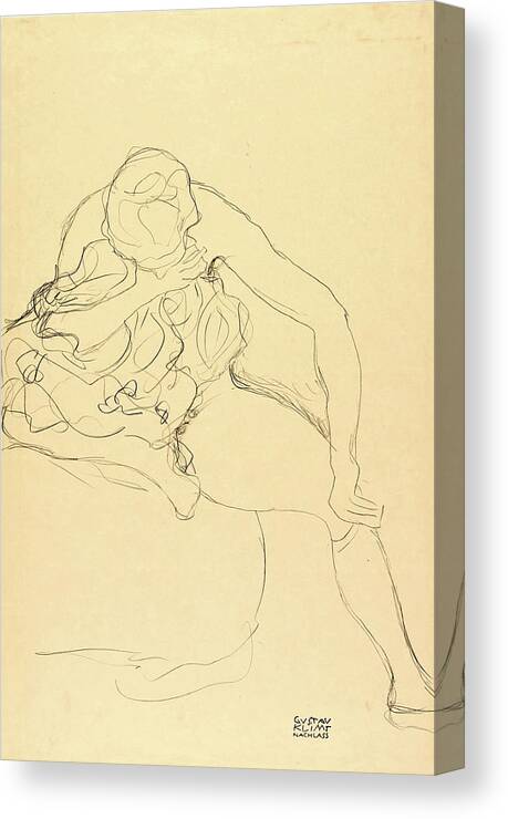 Gustav Klimt Canvas Print featuring the drawing Female Nude Sitting on Bed by Gustav Klimt