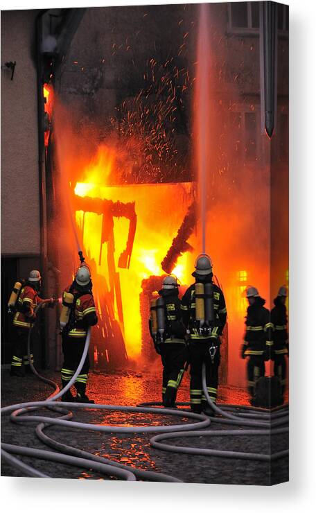 Fire Canvas Print featuring the photograph Fire - Burning House - Firefighters by Matthias Hauser