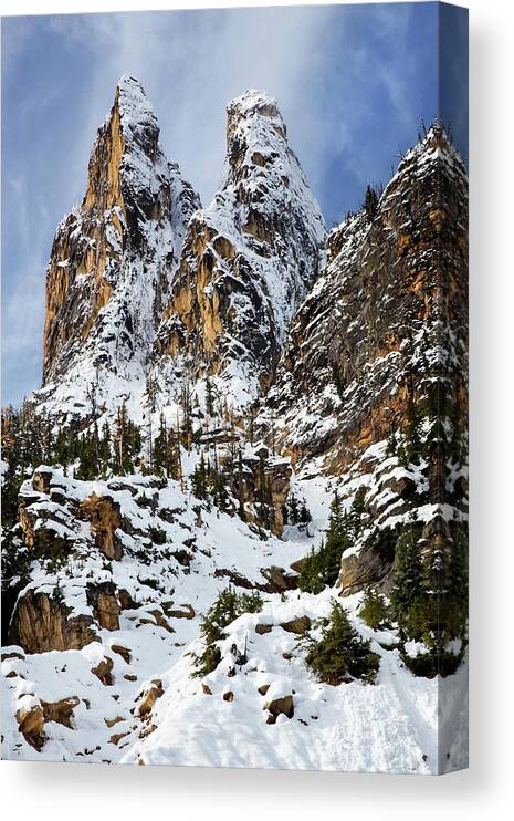 Liberty Bell Mountain Over Washington Pass Canvas Print featuring the photograph First Snow On Liberty Bell by Mary Jo Allen