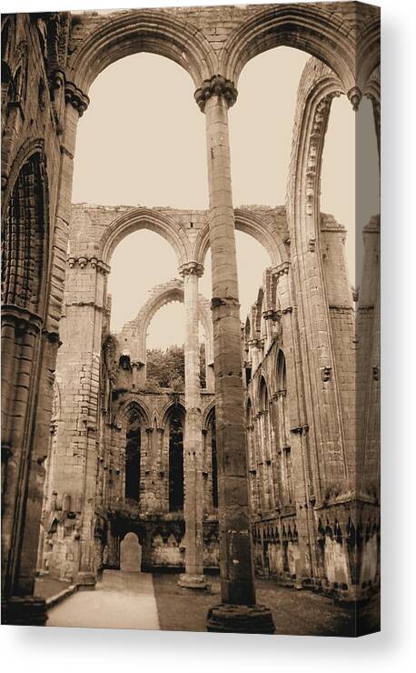 Fountains Fountain Abbey England Sepia Old Medieval Middle Ages Church Monastery Nun Nuns Architecture York Yorkshire Monasteries Aldfield Ruins Saint Century Black Death Claustral Building Cistercian Granges Cathedral Cloister Feudal Canvas Print featuring the photograph Fountains Abbey #52 by Raymond Magnani