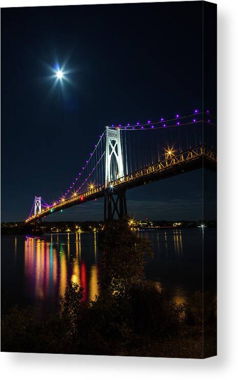 Hudson Valley Canvas Print featuring the photograph Full Moon Over The Mid - Hudson Bridge by John Morzen